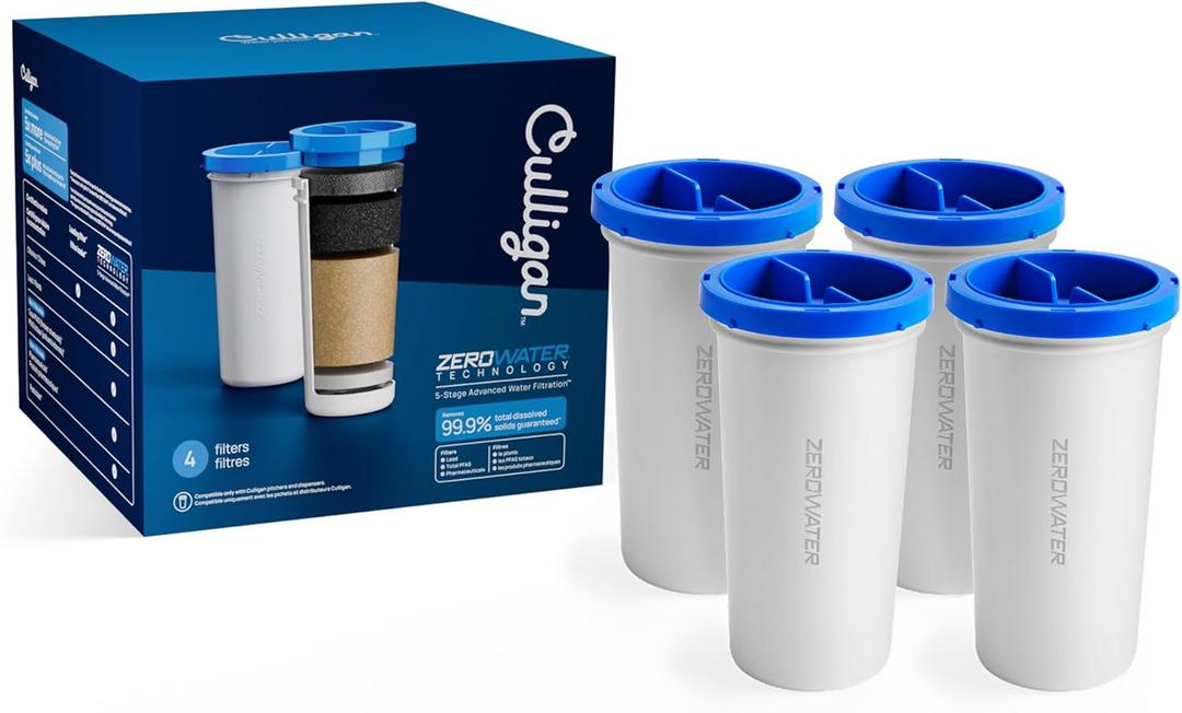 Culligan with ZeroWater Technology Replacement Filter 4-Pack, 5-Stage Advanced Water Filter IAPMO Certified to Reduce Lead, Total PFAS (Forever Chemicals), Mercury, Fluoride, and Chlorine