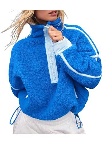 Kumufenc Women's Fleece Sweatshirts Half Zip Pullover Long Sleeve Oversized Workout Crop Tops Hoodie with Pocket(Blue,M)