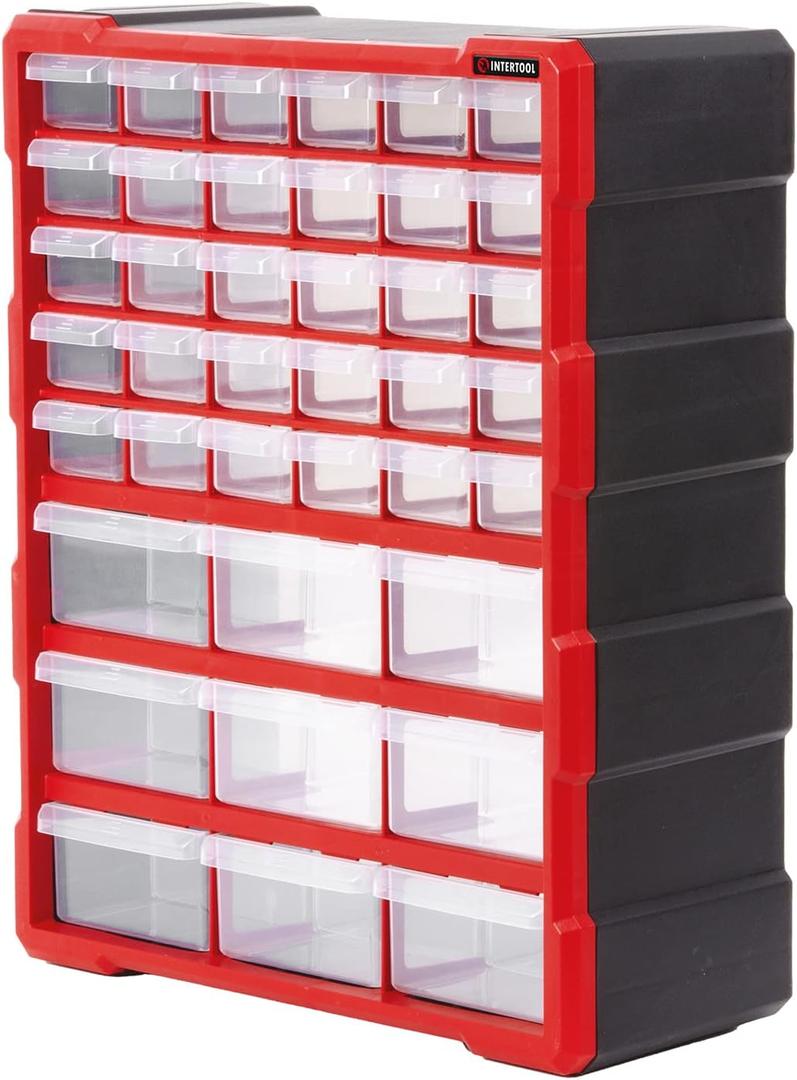 INTERTOOL Small Parts Hardware Organizer - 39 Removeable Drawer Bins & Dividers - Screw Storage Tool Box with Wall Mounts for Garage & Shop - For Bolts, Craft Beads, Legos - 19 x 15 x 7 BX08-4013