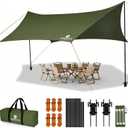 Camping Tarp with Poles & Retainer, 15x12.5FT Large Waterproof 210D Oxford Cloth Camping Canopy, Anti-UV UPF100+ Camping Awning Tent Tarp Car Awning for Outdoor, Picnic, Car, Hammock (Army Green)