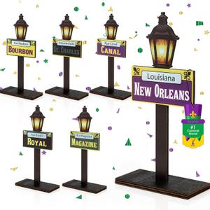6 Pcs Mardi Gras Decorations, New Orleans Street Signs, Sturdy & Stable Table Centerpieces, Wooden Table Signs, Mardi Gras Party Supplies