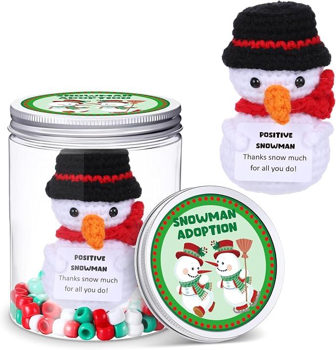 Suncalla Snowman Christmas Stuffers Crochet Gift Snowman Positive Support Crochet Christmas Stocking Stuffers Doll with Card Clear Bottle Beads Xmas Sticker Handmade Knitting