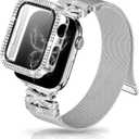 Magnetic Band for Women Compatible with Apple Watch Band 38mm 40mm 41mm 42mm 44mm 45mm 46mm Milanese Stainless Steel Loop with Bling Protective Case, Dressy Metal Strap Replacement iWatch Band