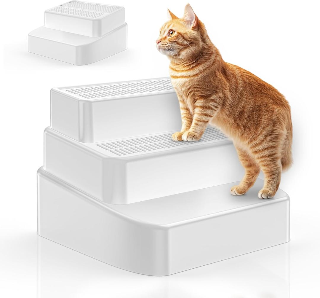 Cat Litter Box Ramp, Adjustable Height 3-Tier Steps, with Sand Filter Feature, Washable and Easy to Clean, White Plastic Cat Ramp for Litter Box, White