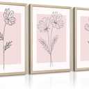 Pink Wall Art Pictures Decor Blush Pink Flower Canvas Painting Floral Botanical Wall Art Girl Room Poster Aesthetic Coquette Artwork for Bedroom Office Bathroom 16x24 Inch Framed Set of 3