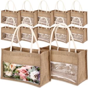 Reginary 16 Pcs Beige Trim Jute Tote Gift Bags with Clear PVC Window Natural Burlap Grocery Shopping Bag Beach Tote with Handle for Bridesmaid Wedding Travel