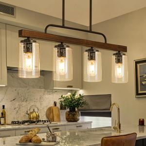 Farmhouse Dining Room Light Fixture, 4-Light Wood Kitchen Island Lighting, Industrial Chandeliers for Dining Room Over Table Black Pendant Light with Seeded Glass Shade for Bar Restaurant
