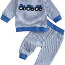 fhutpw Baby Toddler Boy Girl Fall Winter Clothes Embroidery Stripe Pullover Pants Sets Infant Long Sleeve Sweatshirt Outfits (12-18 Months, Tractor Blue)