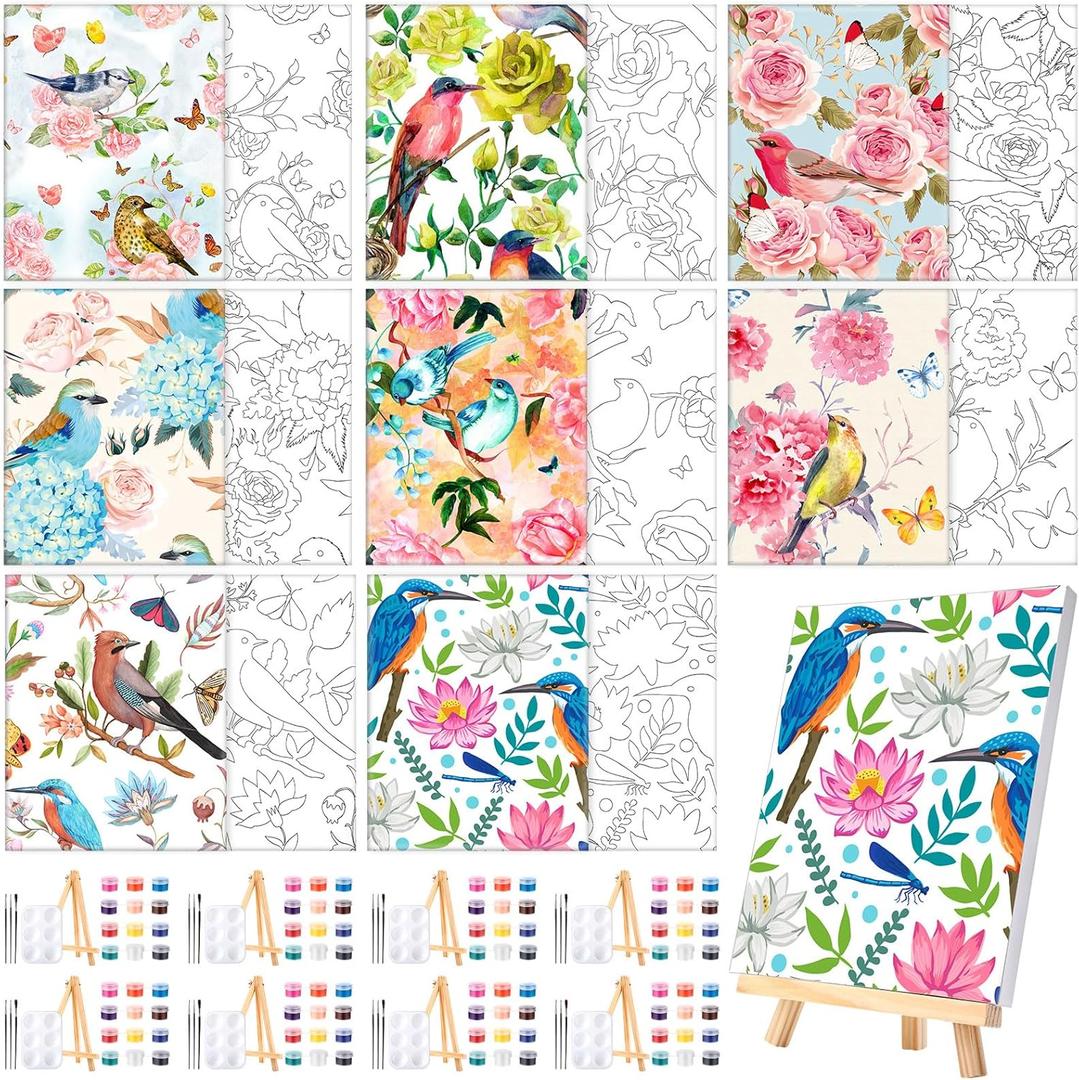8 Sets 8" x 10" Flower and Bird Pre Drawn Canvas for Painting for Sip and Paint Party Predrawn Coloring Set Pre Sketched Canvas Boards with Paints and Brushes for Adult