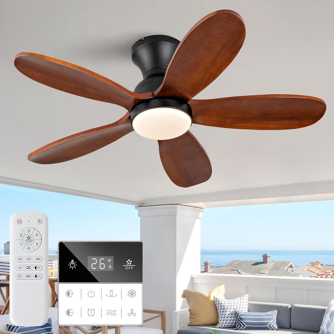 36 Inch Flush Mount ceiling fan with lights,Outdoor Ceiling Fans for Patios,Remote Control,Dimmable,Reversible,Wood Blades,Power-Off Memory,Quiet DC Motor,Modern Hugger Ceiling Fan for Bedroom
