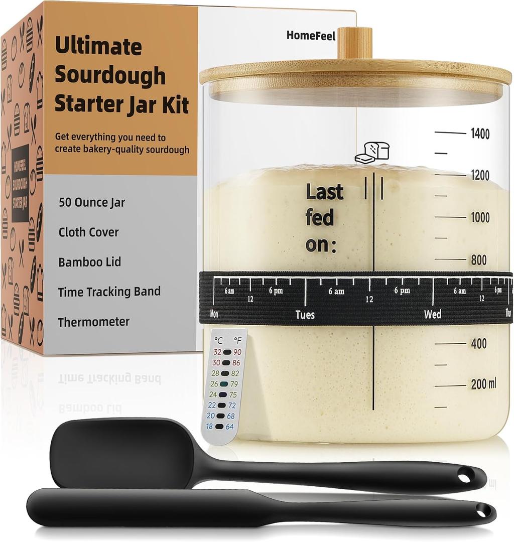 HomeFeel Premium Sourdough Starter Jar - 50 oz Large Glass Jar with Bamboo Lid, Cloth Cover, Date Tracker, Thermometer and Scraper, Stylish Design and Wide Mouth Starter Kit