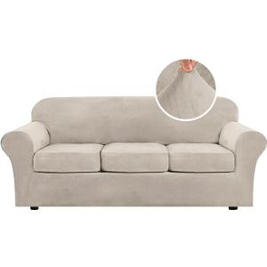 H.VERSAILTEX Modern Velvet Plush 4 Piece High Stretch Sofa Slipcover Sofa Cover Furniture Protector Form Fit Thick Velvet Sofa Cover for 3 Cushion Couch Width Up to 90 Inch (Sofa, French Oak)