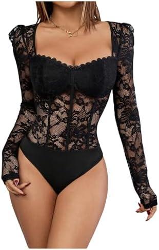 OYOANGLE Women's Floral Lace Long Sleeve V Neck Corset Mesh Leotard Bodysuit Sweetheart Neck Going Out Slim Fit Tops Jumpsuit, Small - Black
