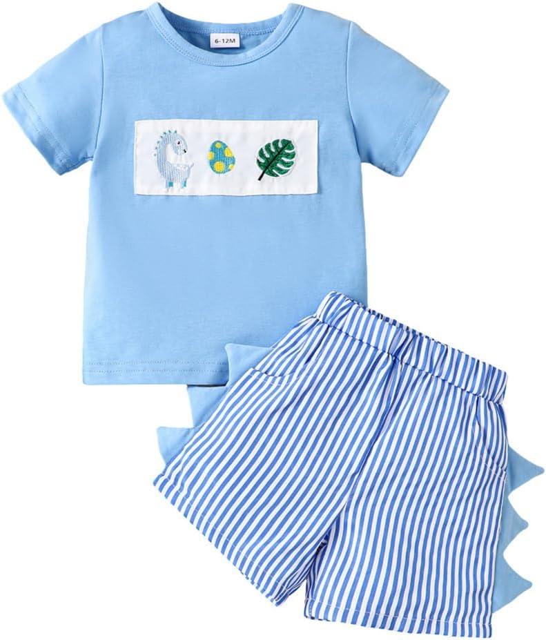 Toddler Baby Boy Clothes Dinosaur Embroidered Print Short Sleeve T-Shirt Elastic Striped Shorts Set 2 Piece Summer Outfits (Blue)