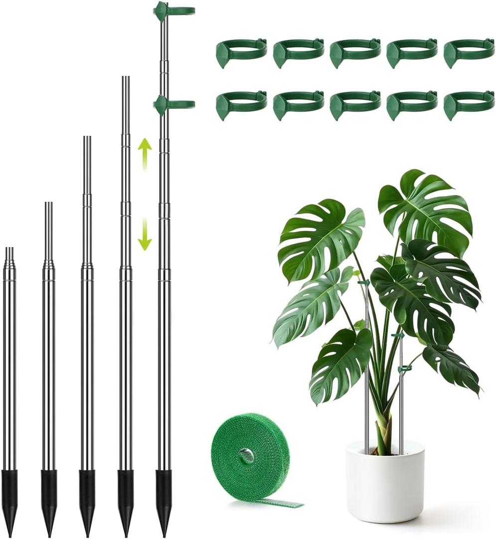 Aieve Extendable Plant Stakes, 13in to 49in Stainless Steel Telescoping Monstera Plant Support Stakes, Indoor Outdoor Garden Stake Support Sticks for Tomato Vegetables Monstera Vine (5 Packs)