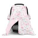 Baby Car Seat Cover, Soft Minky Warm Winter Car Seat Canopy for Infants & Toddlers, Opening with Adjustable Strap, Breathable Nursing Cover & Stroller Blanket, Pink Flowers (Fits Most Car Seats)