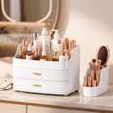 Makeup Organizer for Countertop Vanity Skincare Storage for Perfume Lipstick Bathroom Dresser Desk with Drawers And Brush Holder (White)