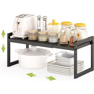 DOLALIKE Expandable kitchen Countertop Organizer, Stackable Cabinet Shelf Organizers, Space Saving Spice Rack Pantry Storage for Bathroom Office (Black, 1 Pack)