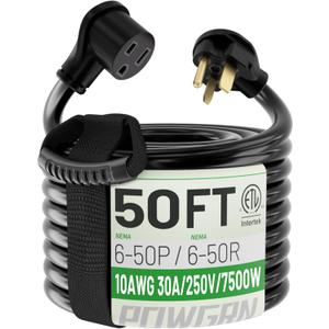 POWGRN 30 AMP 50ft Welder Extension Cord Outdoor 10 Gauge, 250V NEMA 6-50 Heavy Duty Welding Cord 3 Prong, 10AWG SJTW Black, ETL
