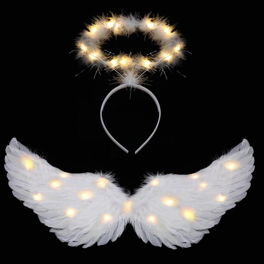 Angel Wings, Light Up Angel Wings and Halo with LED Lights, White Angel Wings Costume for Adult Women Kids Halloween Xmas (Medium, Warm Color)