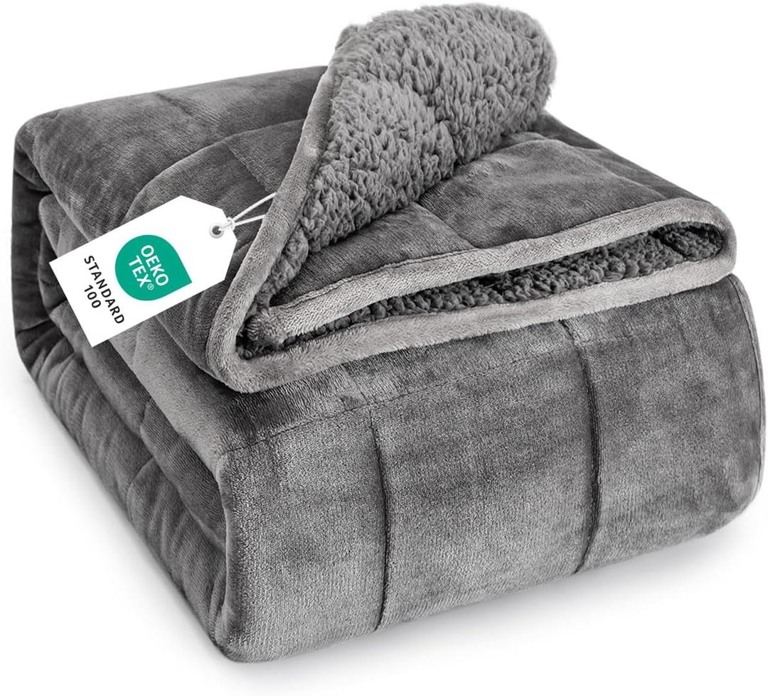 Topblan Sherpa Fleece Weighted Blanket for Adult, 15 lbs Dual Sided Cozy Fluffy Heavy Blanket, Ultra Fuzzy Throw Blanket with Soft Plush Flannel Top, 60 x 80 inches, Grey