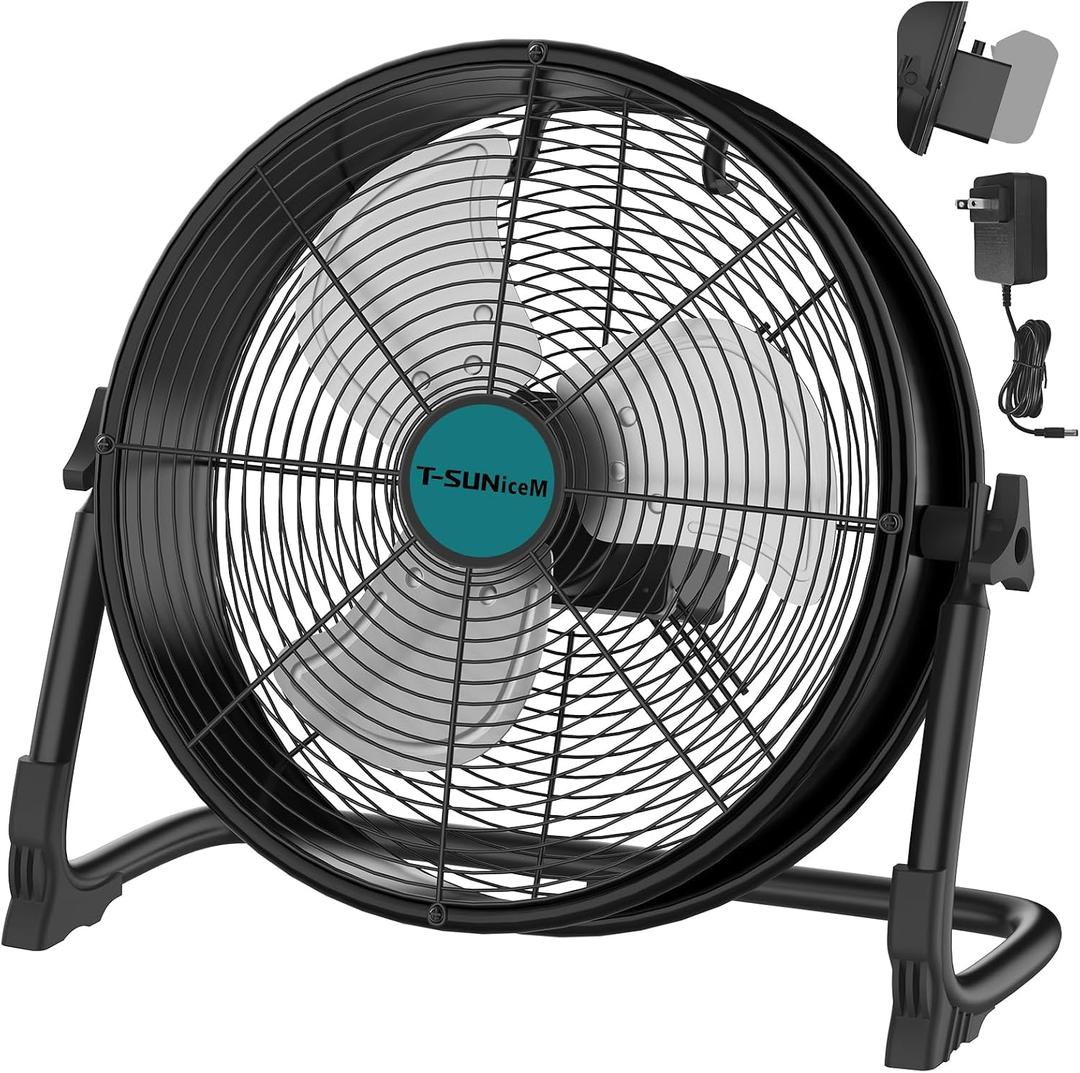 16" Battery Operated Floor Fan Compatible with Makita 18V Battery, Portable Fan with AC Adapter and USB Output, Metal Industrial High Velocity, Stepless Speed Cordless Fan for Jobsite Garage Camping