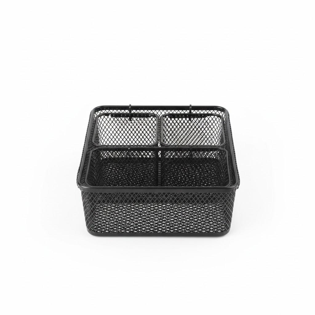 three-compartment black wire mesh desk