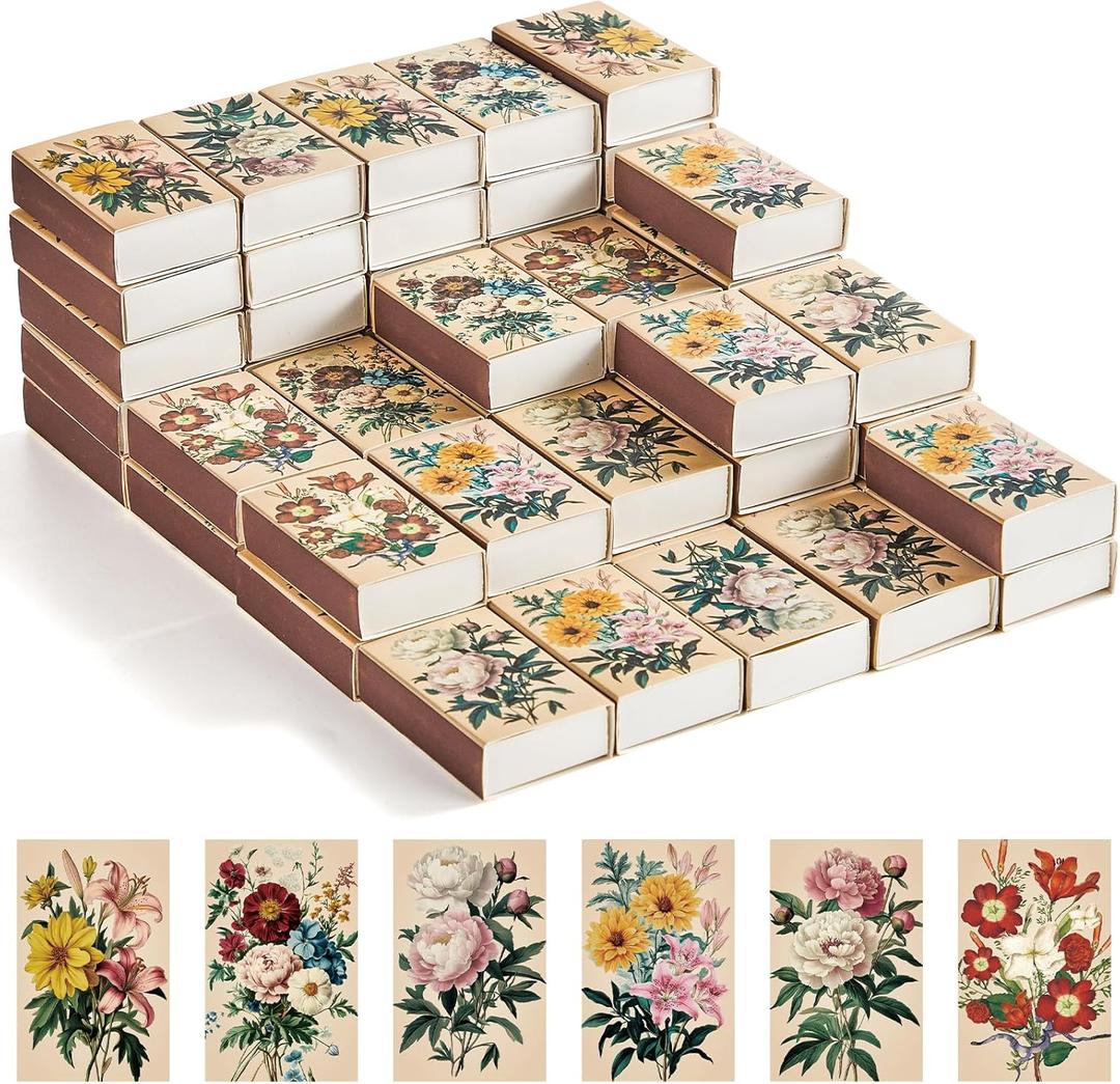 60PCS Blank Matches Containers 2.24 x 1.42 x 0.59 inches Vintage Flower Match Storage Boxes DIY Match Holder with Double-Sided Striker for Wedding Bridal Shower Baby Shower Party Favor(No Matches)