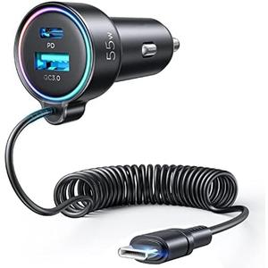 USB C 90W Car Charger for iPhone 17/16 Pro Max, PD & QC3.0 w/5 ft 45W Type C Coiled Cable, Fast Car Phone Charger Adapter for iPhone 17Air/15 Pro, Samsung Galaxy S25/S24/S23, Pixel 10/LG/Android, iPad