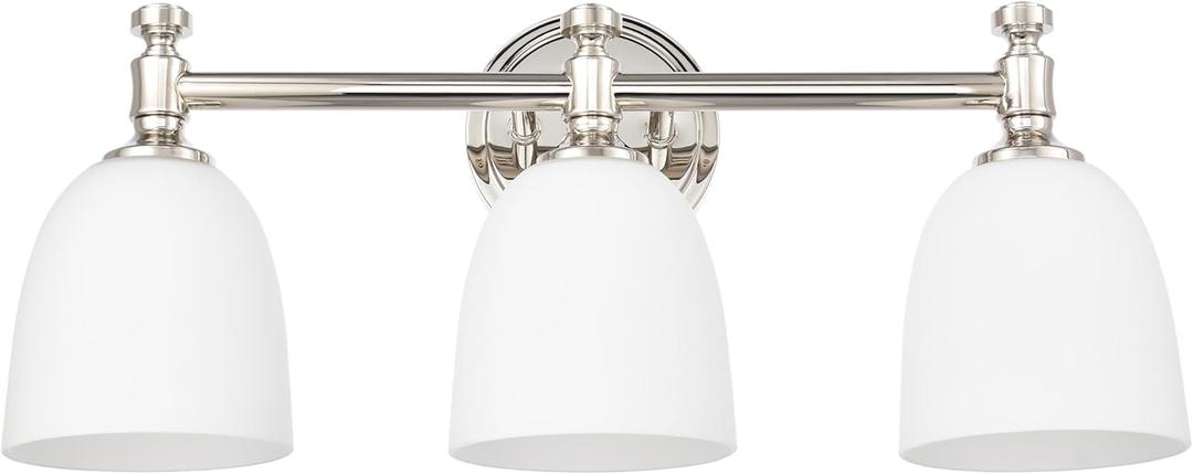 Bathroom Vanity Light, 3-Light Bathroom Light Fixtures Over Mirror, Traditional Vanity Lights for Living Room, Milk White Bell Glass Shades, Standard E26 Base, Polished Nickel