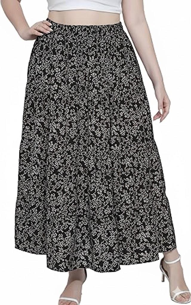 Women's Long Maxi Plus Size Skirt 2025 Trendy Flowy Elastic High Waist Casual Spring Swing A-line Floral Skirts Black Size 2XL