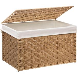 Wicker Storage Basket with Lid, 42.3 Gallon (160L) Large Blanket Basket with Lid, Woven Storage Bin with Handles, Removable Liner, Metal Frame, Foldable, for Bedroom, Laundry Room, Natural (160L:17.7 x 29.9 x 18.1 Inches)