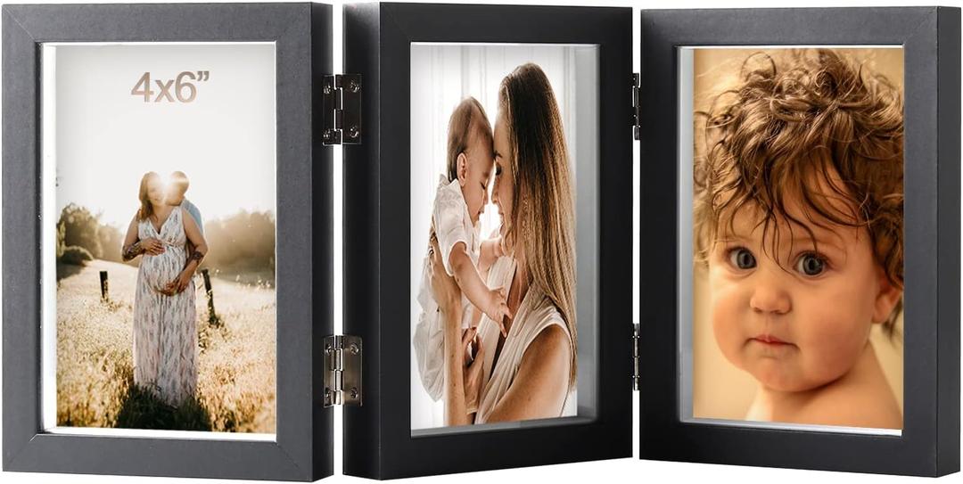 4x6 Triple Hinged Black Picture Frames Shadow Box MDF Wood with Real Glass 3 Vertical Opening Family Lover Gift
