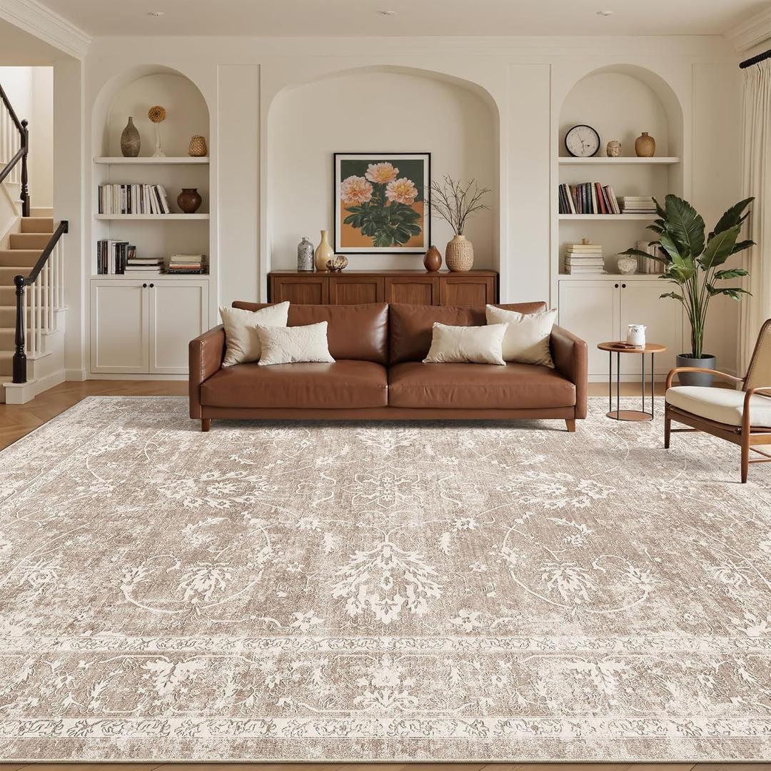 Madane 9x12 Area Rugs for Living Room, Machine Washable Rug with Non-Slip Backing, Soft Vintage Large Area Rug, Floral Print Floor Carpet for Bedroom Dining Room (9 x 12, Brown/Sand)