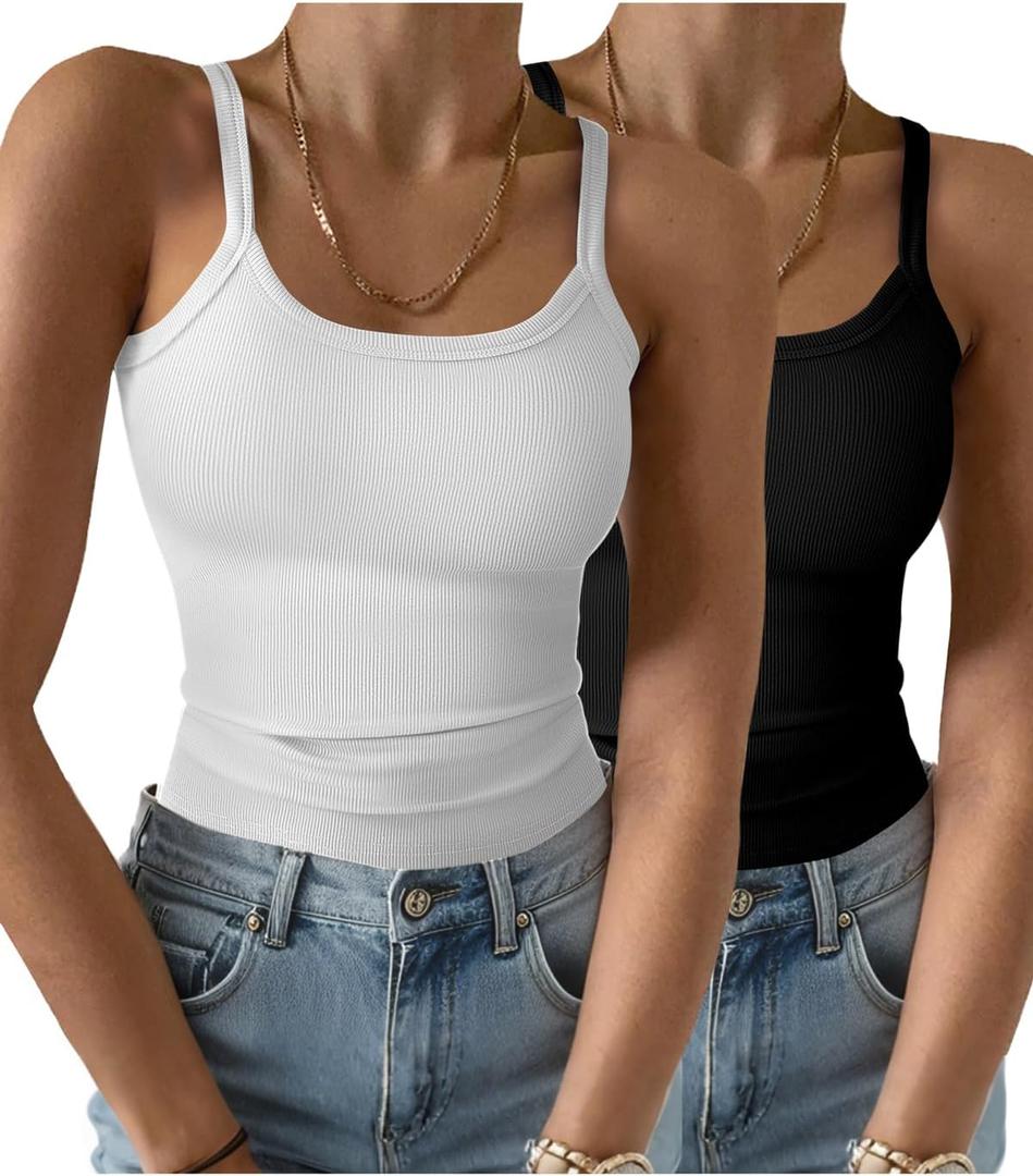 GKBK Womens Sleeveless Tank Top Form Fitting Spaghetti Strap Scoop Neck Ribbed Knit Basic Cami Layering Shirts, Black White M