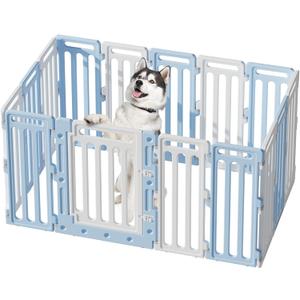 BUMUBI Dog Playpen Fence Clear Pet Puppy Foldable Kennel for Large Medium Dogs Plastic Puppy Enclosure for Cat Rabbit Indoor Whelping Box for Dogs with Gate (Blue + White, 16 Panels+1 Door)