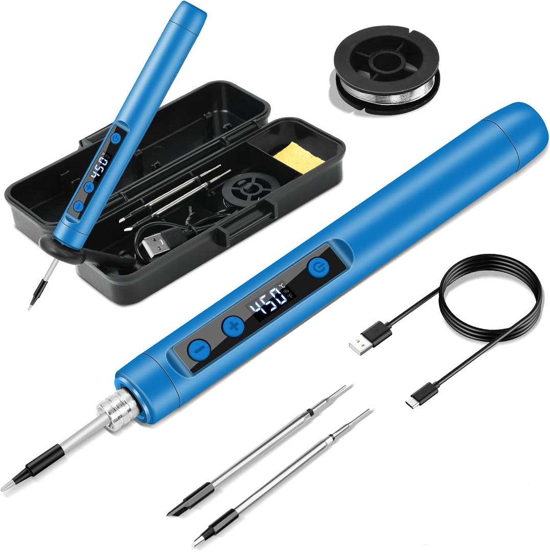 Cordless Soldering Iron Kit - 1100mAh USB Rechargeable Portable Cordless Soldering Gun - LCD Digital Adjustable Temperature Thermostatic for Home Appliance Repair, DIY (Blue)