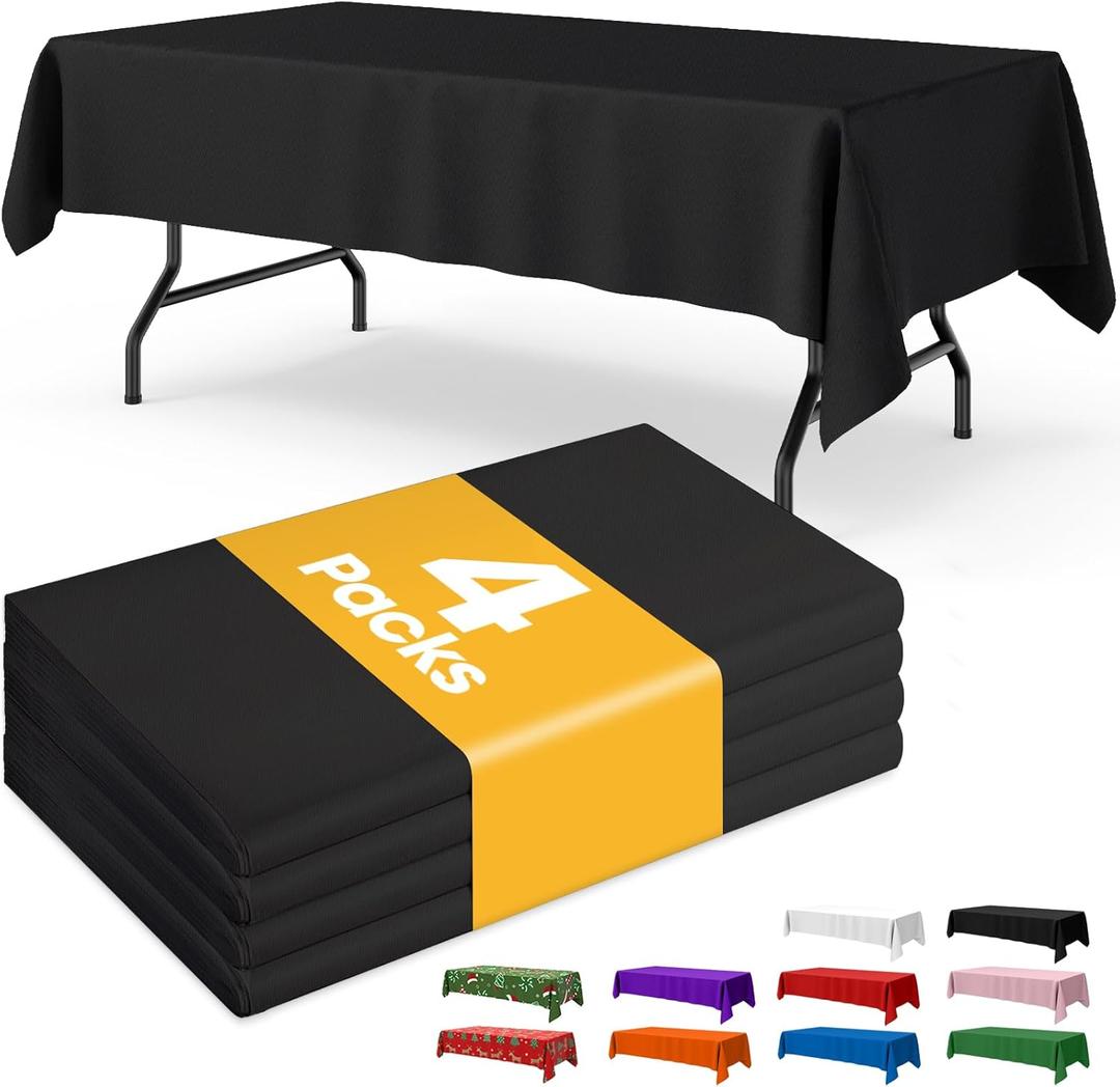 Black Plastic Table Cloth - 4 Pack 54"  108" Rectangle Disposable Tablecloths for 6FT Tables, Table Cover for Party, Holiday & Gathering Use