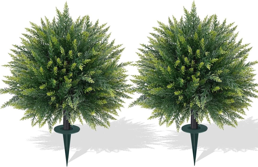 Artificial Cedar Topiary Trees with Ground Spike, 2 Pieces Fake Pine Shrubs Bushes, UV Resistant Faux Evergreen Cypress Tree Plants for Indoor Outdoor Planters Front Porch
