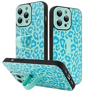 KANGHAR for iPhone 14 Pro Case Blue Leopard Print Pattern Cute Cheetah Wristband Stand Phone Cover for Women Girls Men Shockproof Slim Protective Cover for iPhone 14 Pro 6.1 Inch