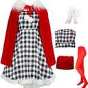 Adult Women Christmas Costume Plaid Dress Red Cape Gloves Sock Halloween Cosplay Outfits Props (Small)
