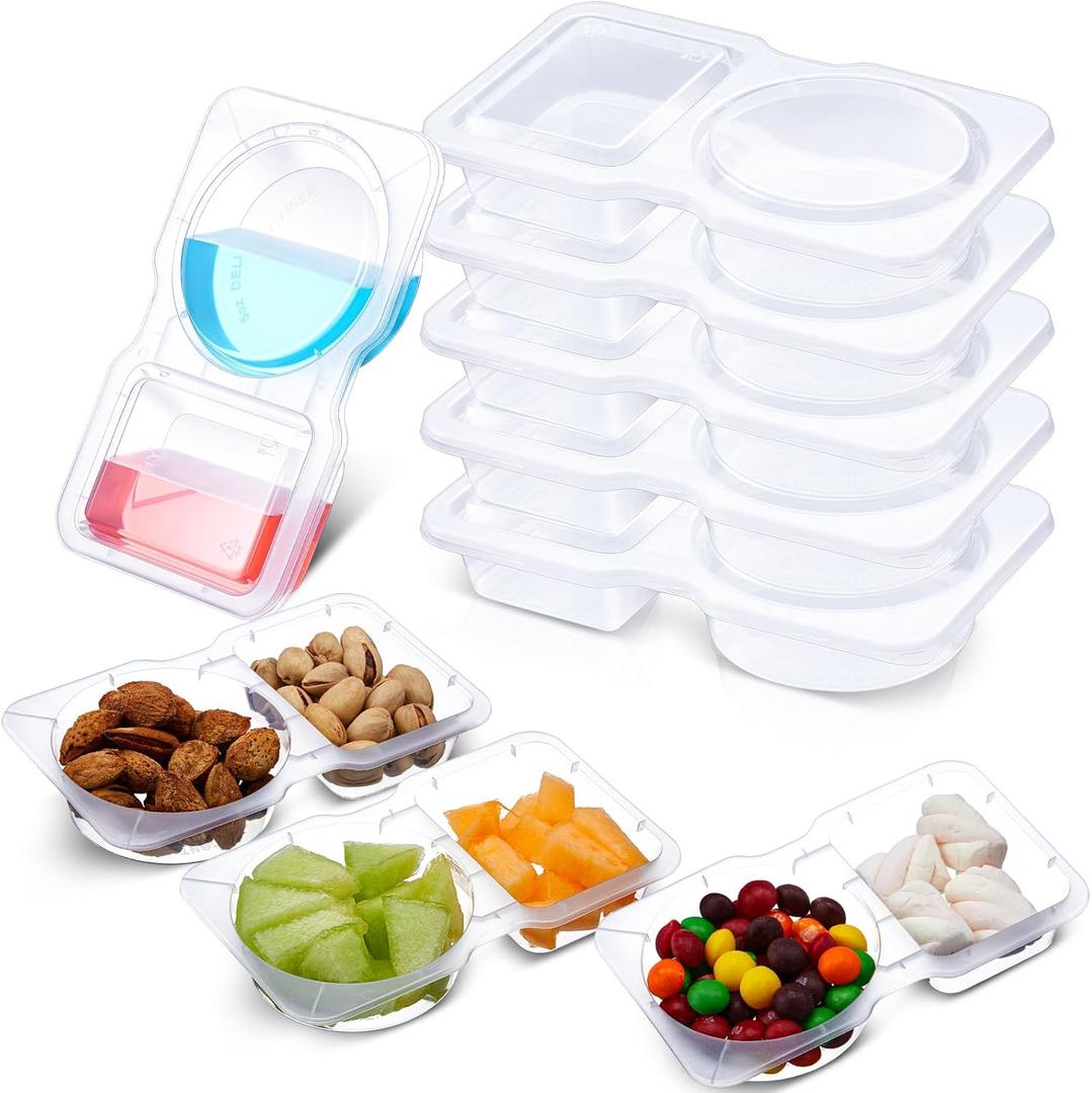 50 Pcs 5 oz Double Compartment Snack Containers with Lids Clear 2 Compartment Small Disposable Plastic Snack Box Container for Sauce Salad Travel Sampling