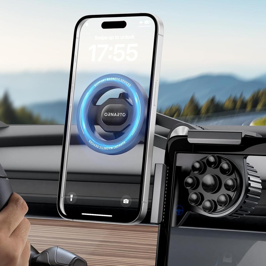 ORNARTO for Tesla Model 3/Y/Cybertruck Phone Mount Magnetic, [Overload Protection+Anti-Slip Suction, No Screen Discoloration or Residue] 360 Rotatable Car Accessories for Tesla Phone Holder-Black