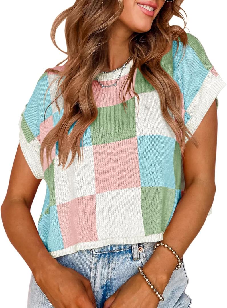 Saodimallsu Womens Cap Sleeve Crop Tops Summer Color Block Going Out Crew Neck Knit Trendy Casual Sweater (X-Large, Sky Blue)