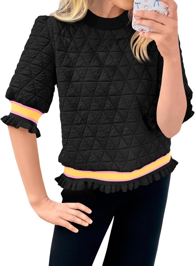Fisoew Womens Quilted Pattern Cropped Sweatshirts Casual Crewneck Half Lantern Sleeve Textured Ruffle Loose Pullover Tops