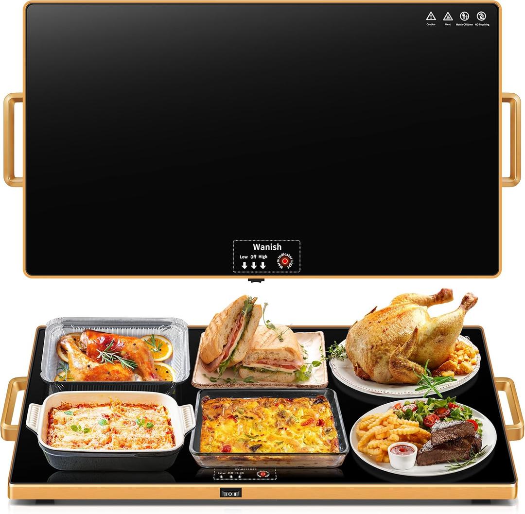 Electric Warming Tray (XL 32"x18")Food Warmers for Parties Buffet with Thermostat & Full Surface Heating, Tempered Glass Warming Mat for Food, Temperature Adjustable Gold Handles Chafing Dishes
