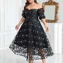 Women Plus Size V Neck Empire Waist Sequin Embroidered Lace Cocktail Dress (L)