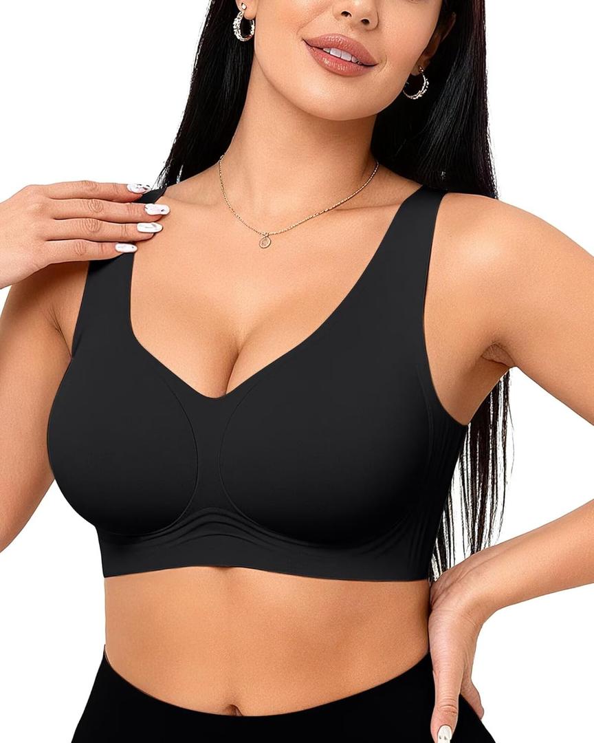 Vertvie Womens Jelly Wireless Bras Seamless T-Shirt Bra No Underwire Full Coverage Pullover Bralettes Supportive Sports Bras (Large, Black)