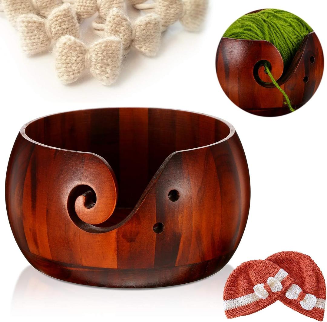 WILLBOND Wooden Yarn Bowl 6 x 3 Inches Crochet Bowl Accessories Holder with Holes for Mother Birthday Gift DIY Hand Made Knitting String Lovers Handmade Yarn Storage
