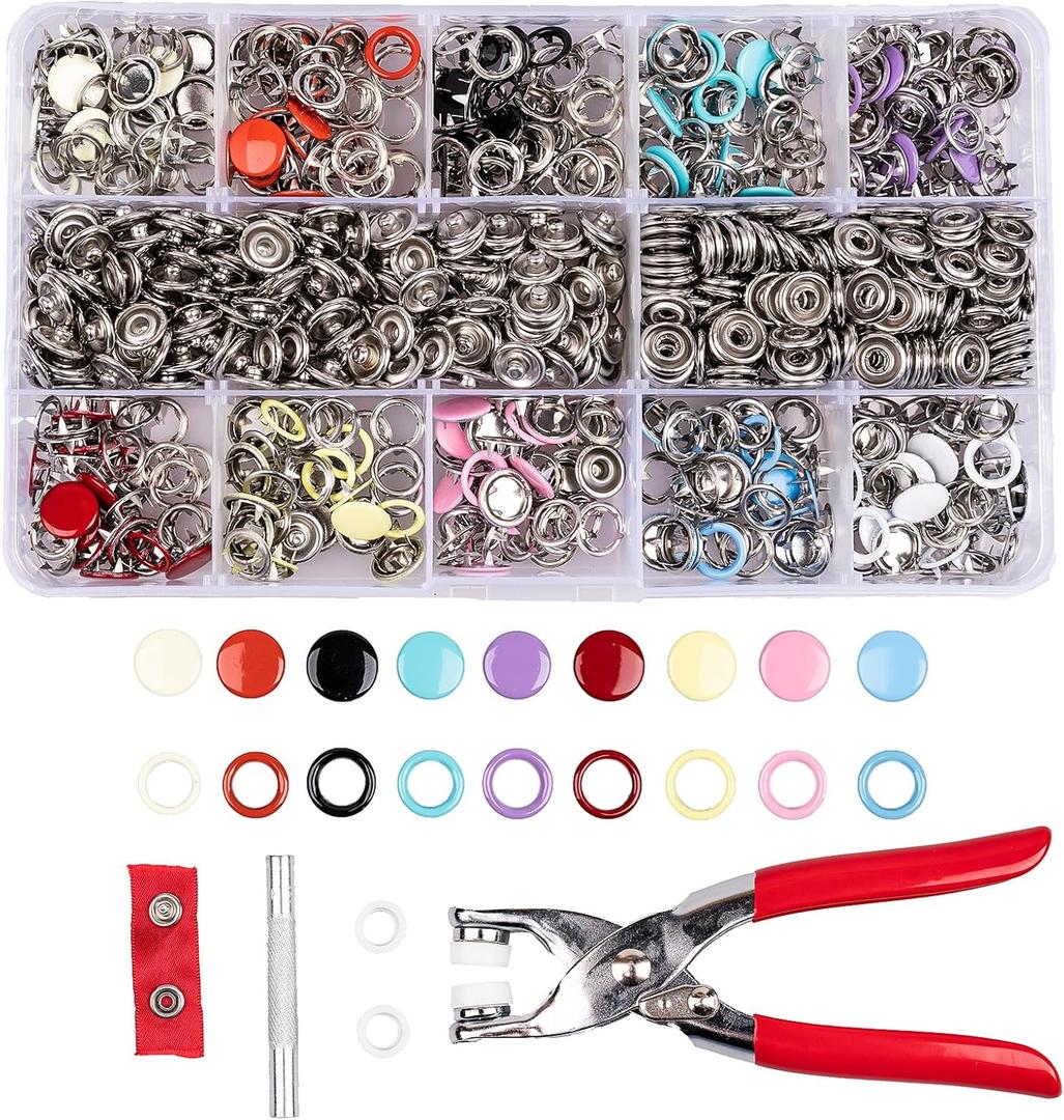 Siziviki 200 Set Snap Button Kit - 9.5mm 10 Colors Snaps for Fabric - Fastener Pliers & Snap Fastener Tool - 100 Hollow & 100 Solid - Suitable for DIY, Sewing, Crafting